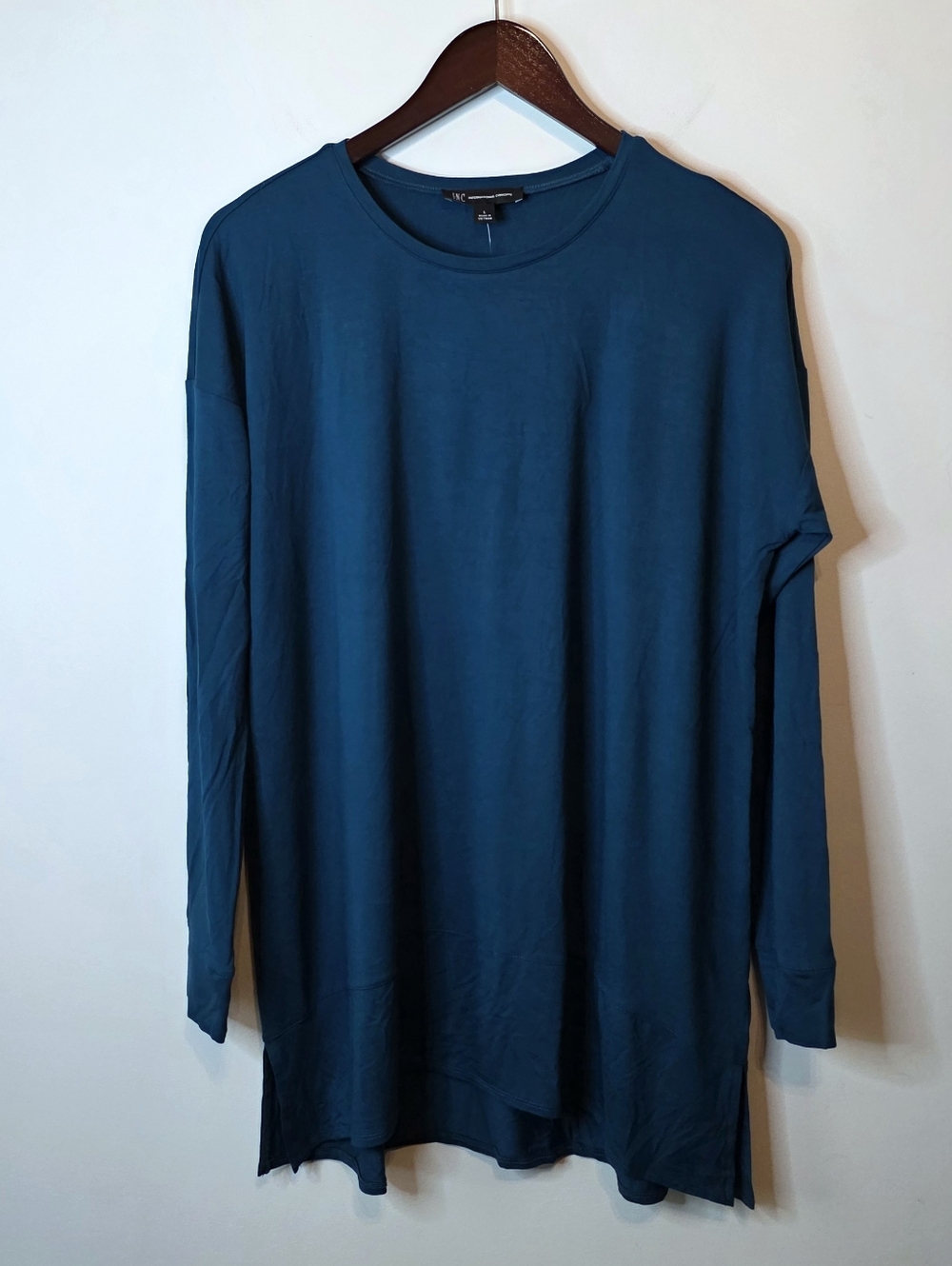 INC International Concepts Teal Mosaic Green Long Sleeve Tunic Top Size Large